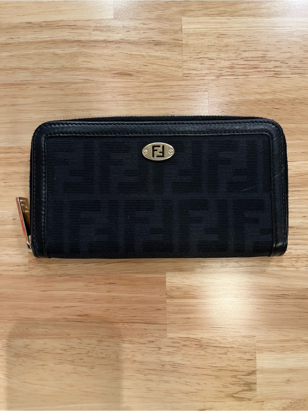 Fendi Black Zucca Canvas Zip Wallet with Gold Hardware